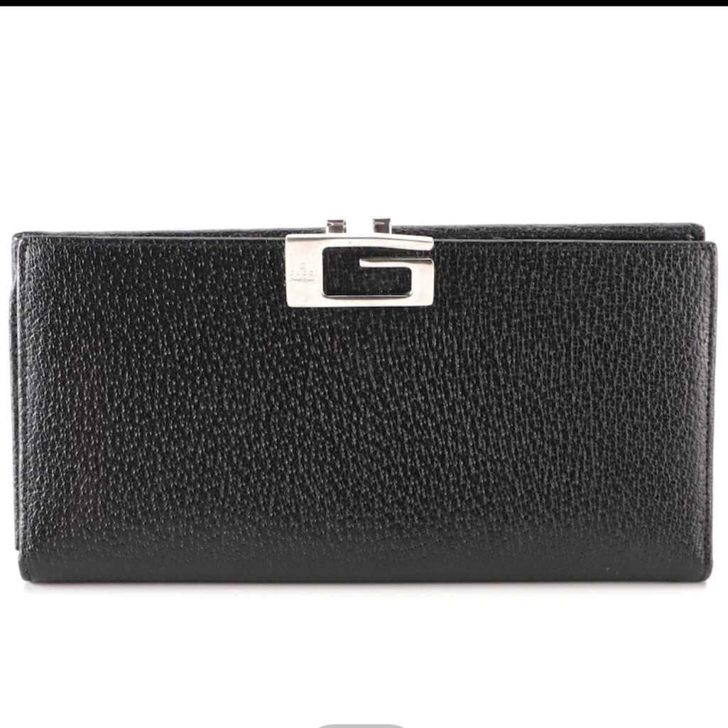 Gucci Square G Clasp Continental Wallet In Black Cinghiale Leather With Box